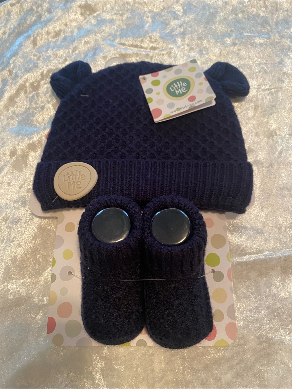 Little Me Navy Knit Hat with Ear Details and Matching Booties